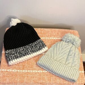 Cozy Black and Light Blue TEEN/ADULT Size Pom-Pom Beanies
